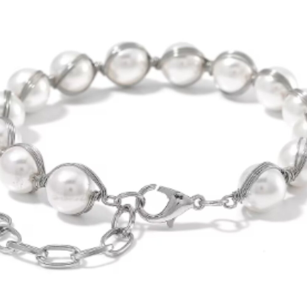 White Shell Pearl Bracelet (7.00-9.00In) in Silvertone - Picture 3 of 4